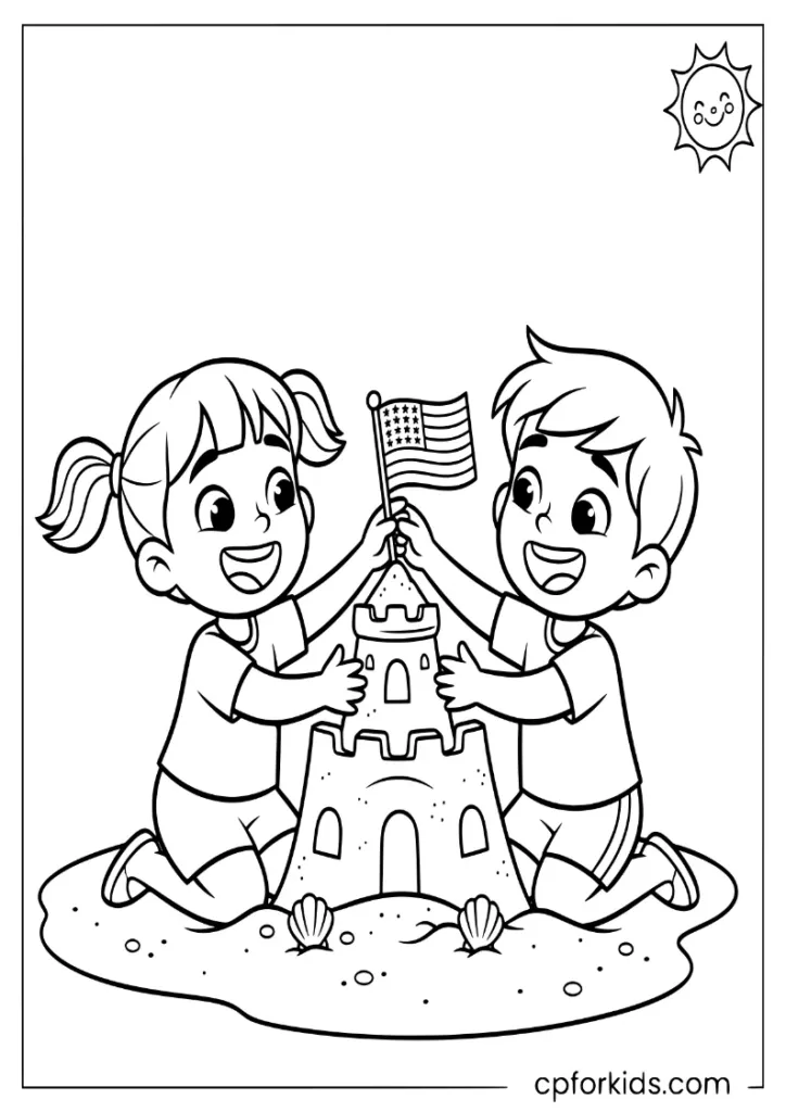 Two children building a sandcastle at the beach and placing a small US flag on top