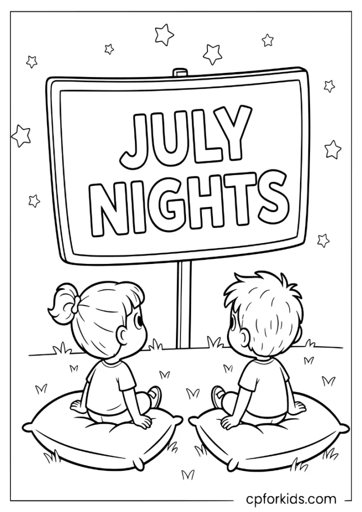 Children sitting on cushions watching an outdoor movie with July Nights text on the screen