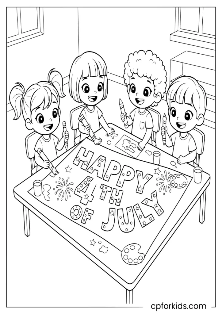 Group of children painting a Happy 4th of July banner at a classroom table