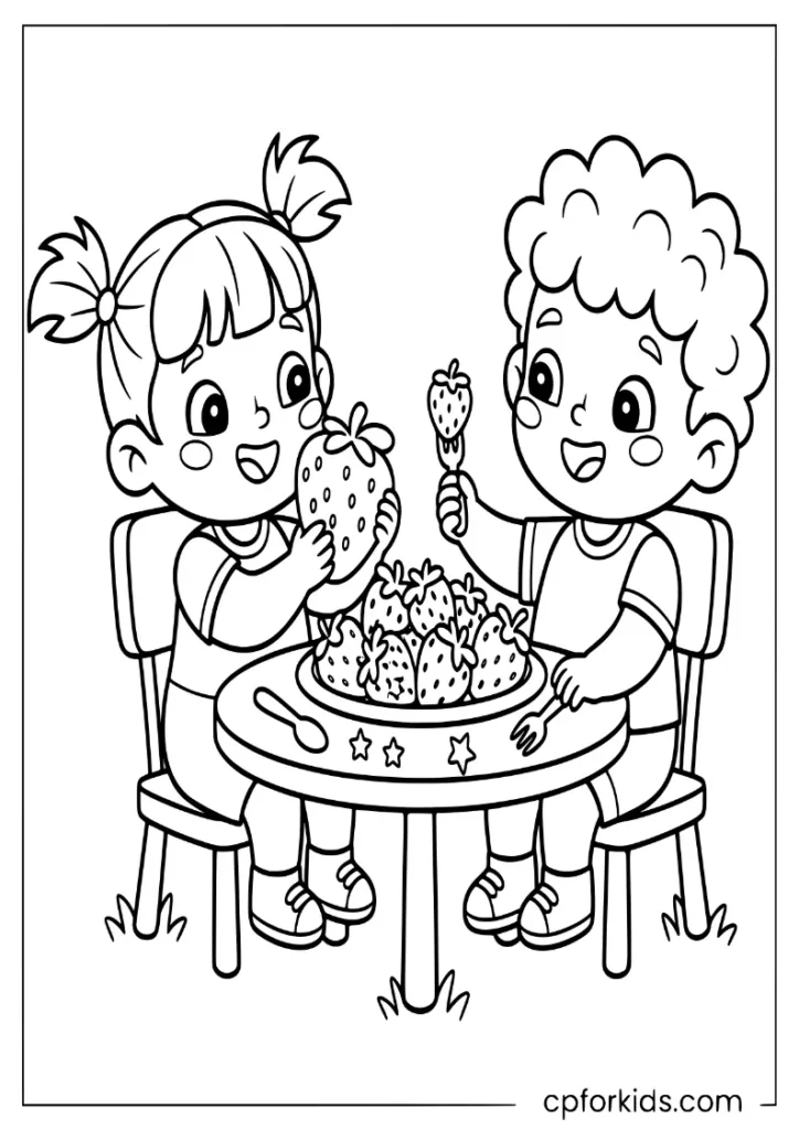 Children sharing strawberries from a fruit plate, simple line art illustration