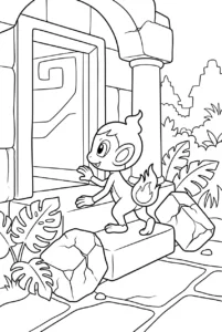 Chimchar climbing stone steps beside ancient temple ruins