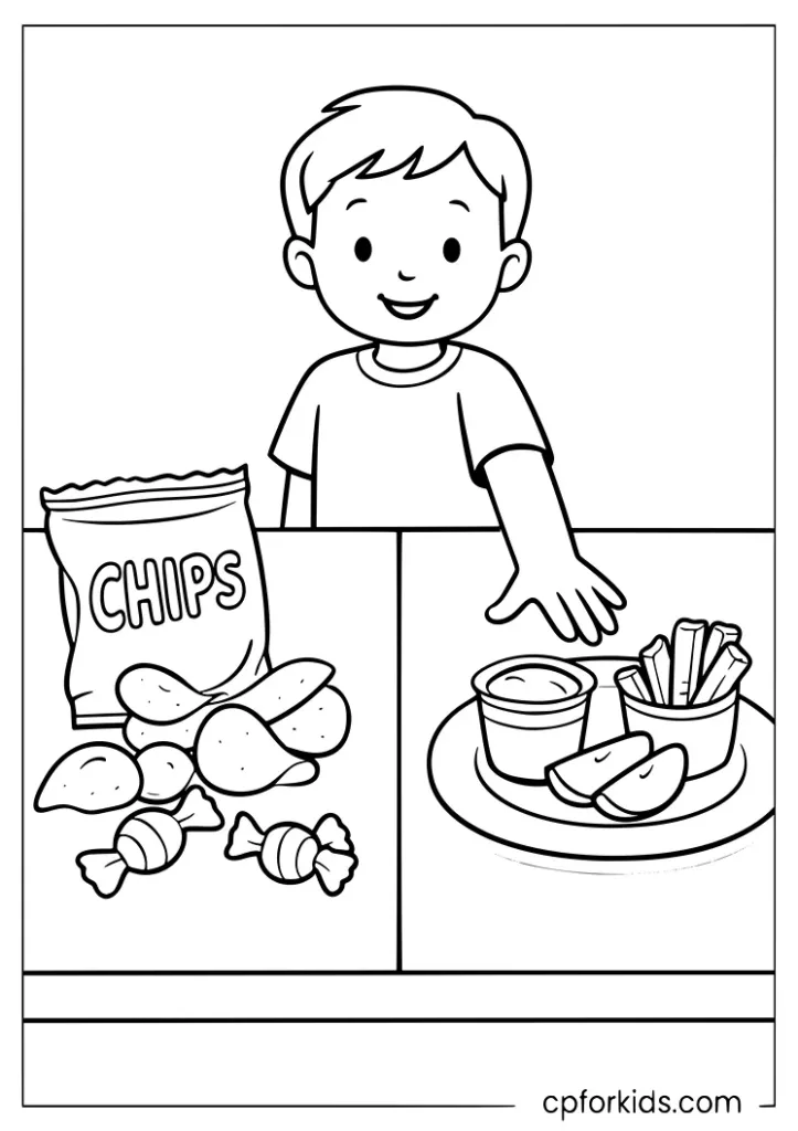 Choose the healthy snack coloring page for kids with fruit and junk food choices