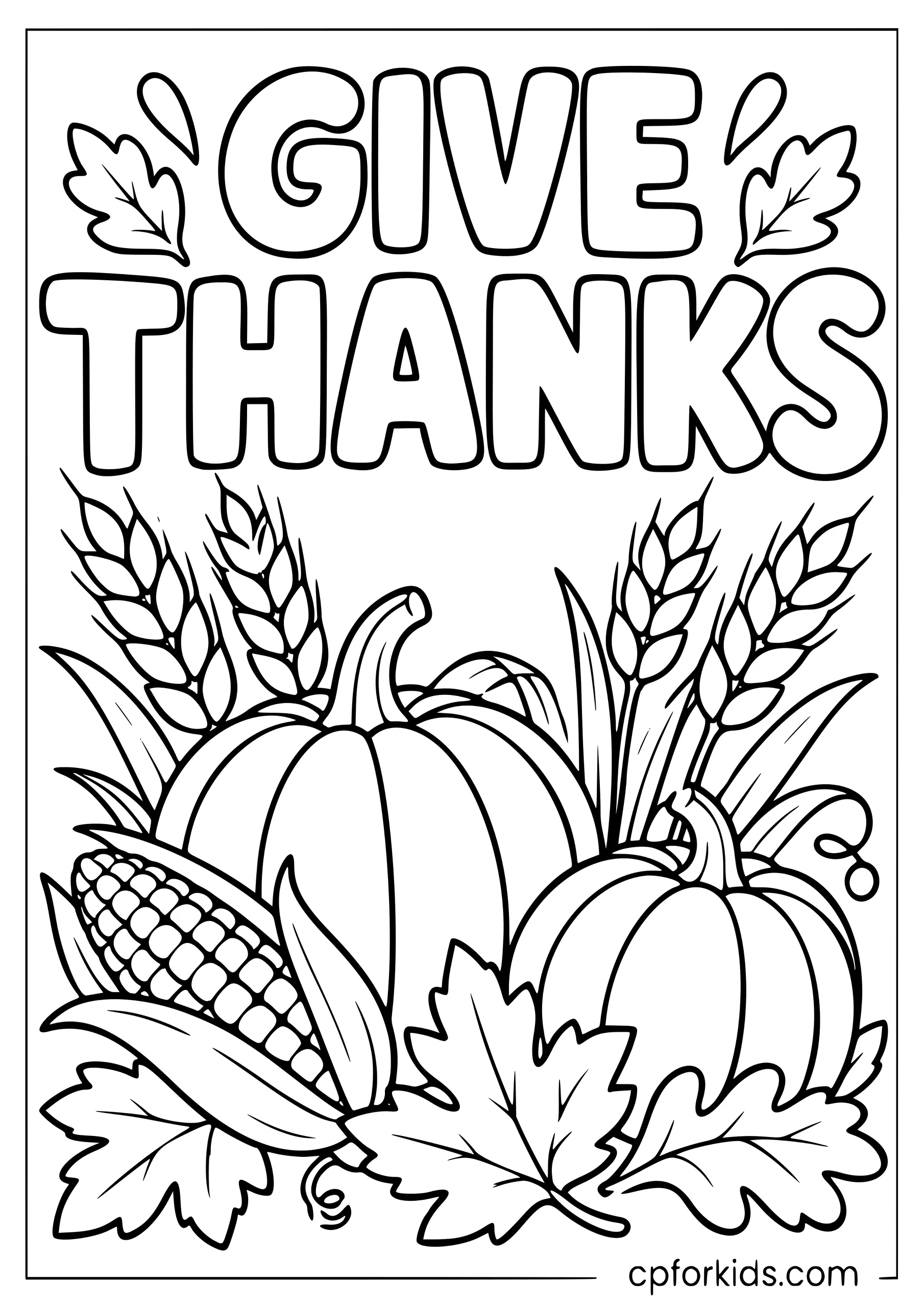 Give Thanks lettering above praying hands, wheat and pumpkins