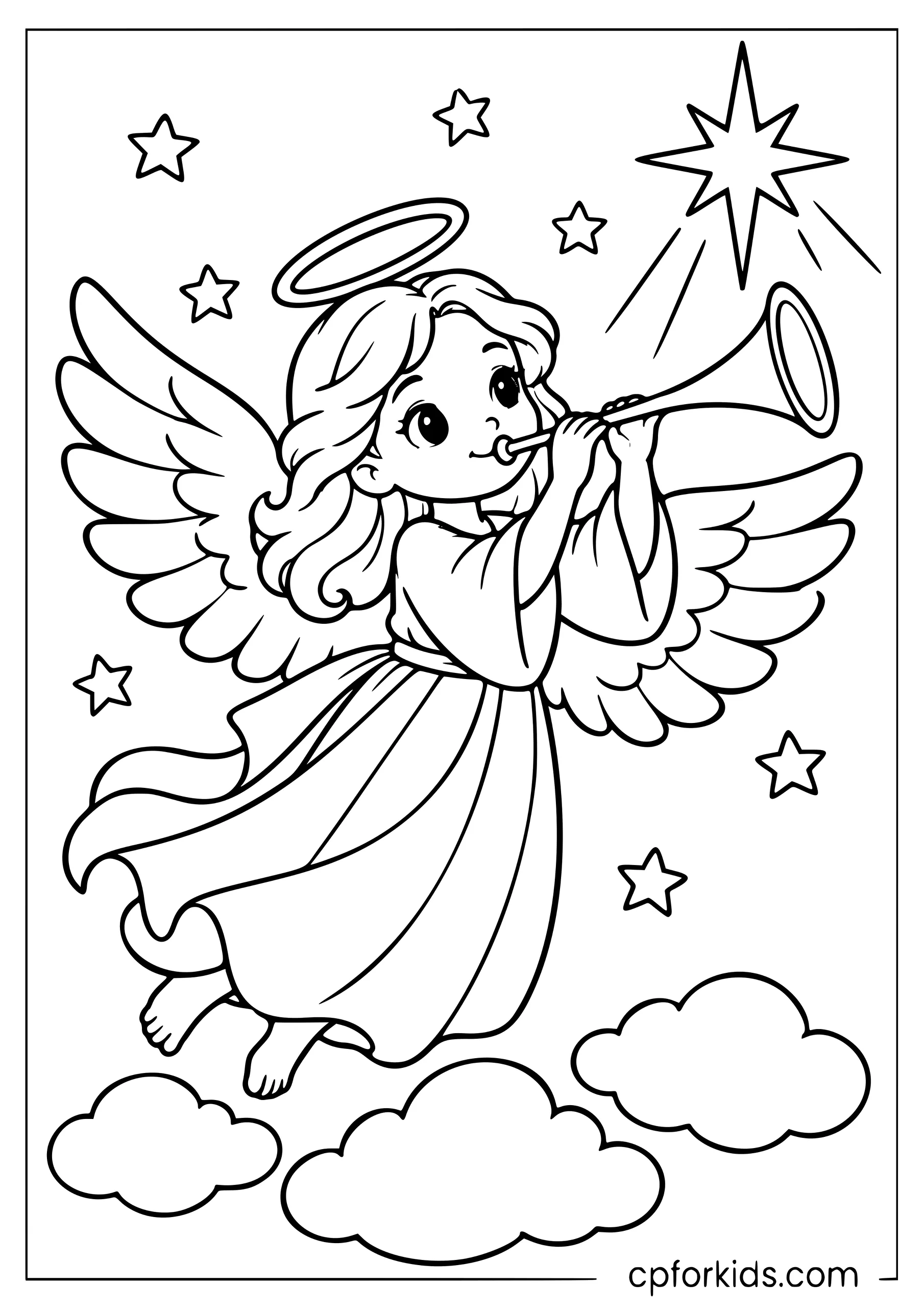 Christmas angel playing trumpet above three simple clouds