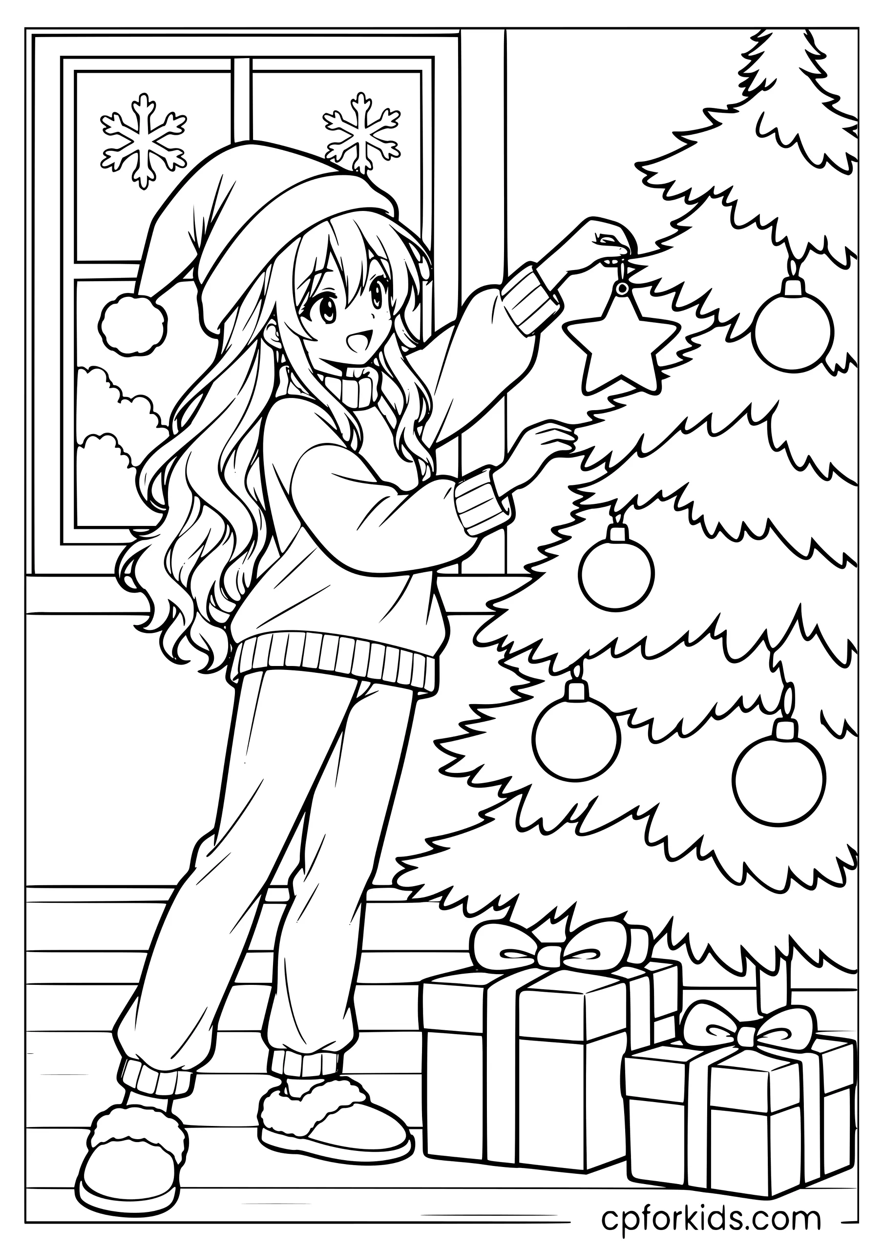 Anime girl hanging a star on a Christmas tree