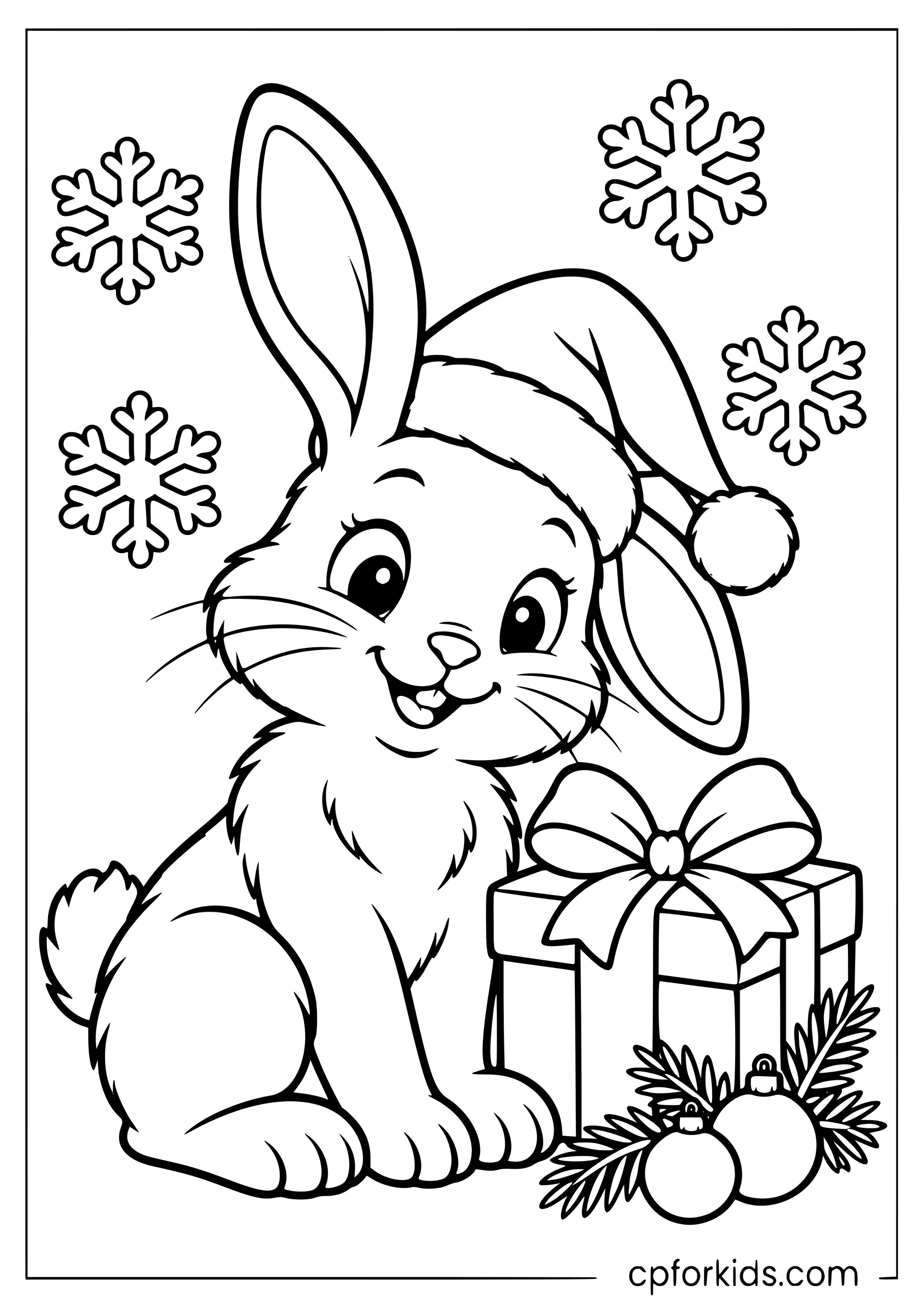 Bunny wearing Santa hat beside one wrapped gift