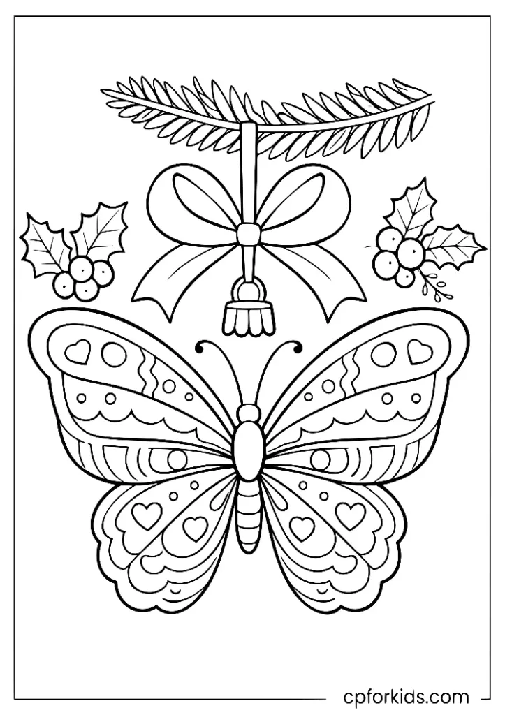 Christmas butterfly ornament coloring page hanging from a ribbon