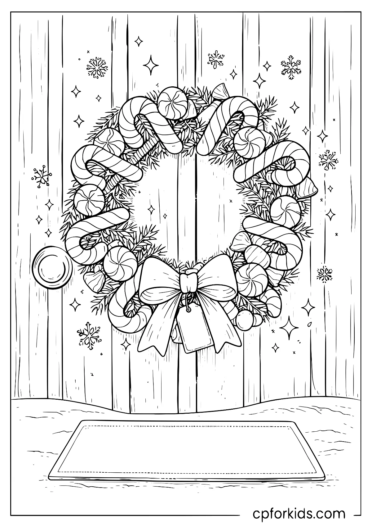 Candy cane wreath with peppermint swirls and snowflakes
