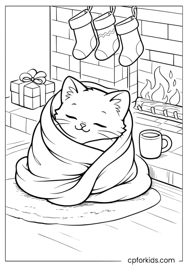 Christmas cat wrapped in a blanket by a fireplace coloring page