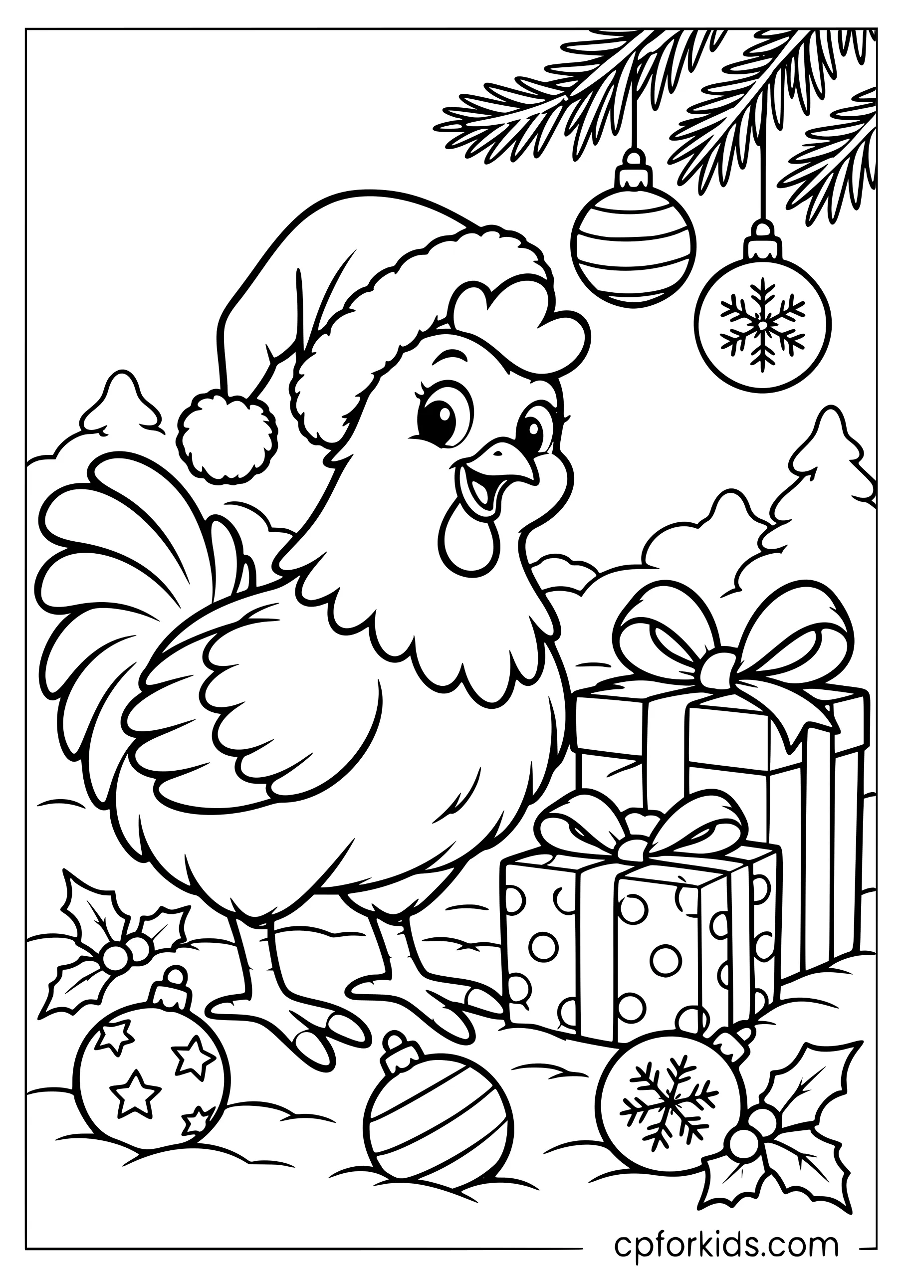 Christmas chicken wearing Santa hat beside gifts