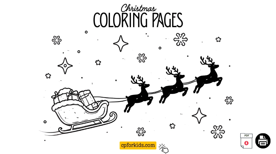 Christmas coloring pages featuring Santa’s sleigh and reindeer flying under starry skies.