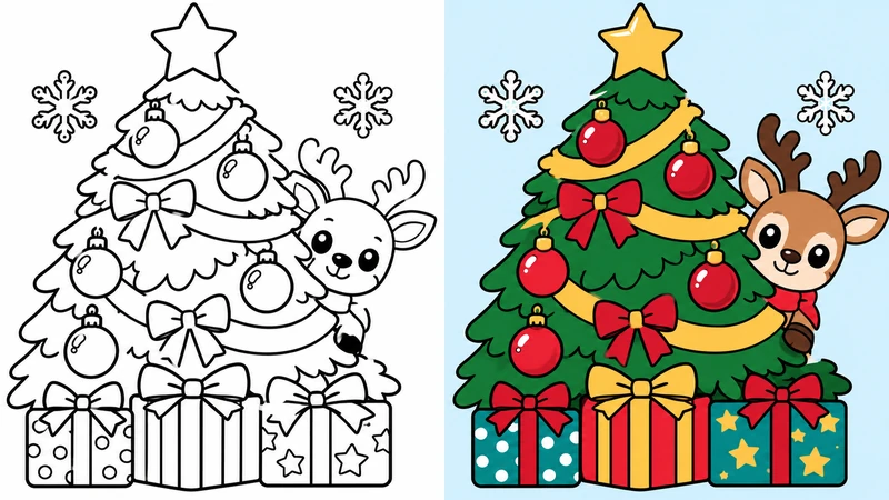 Decorated Christmas tree with presents and a little reindeer