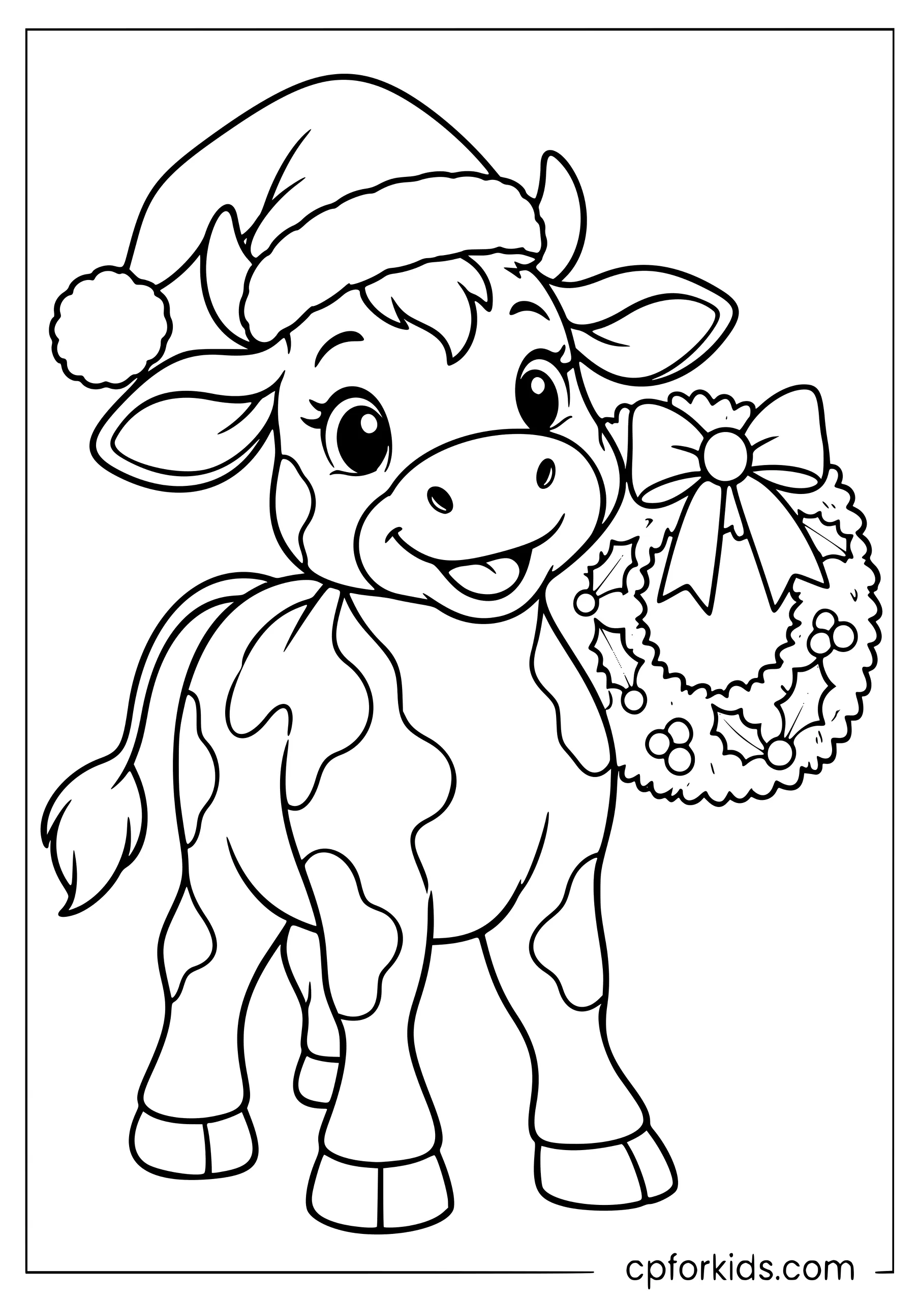 Cow wearing a Santa hat beside a Christmas wreath