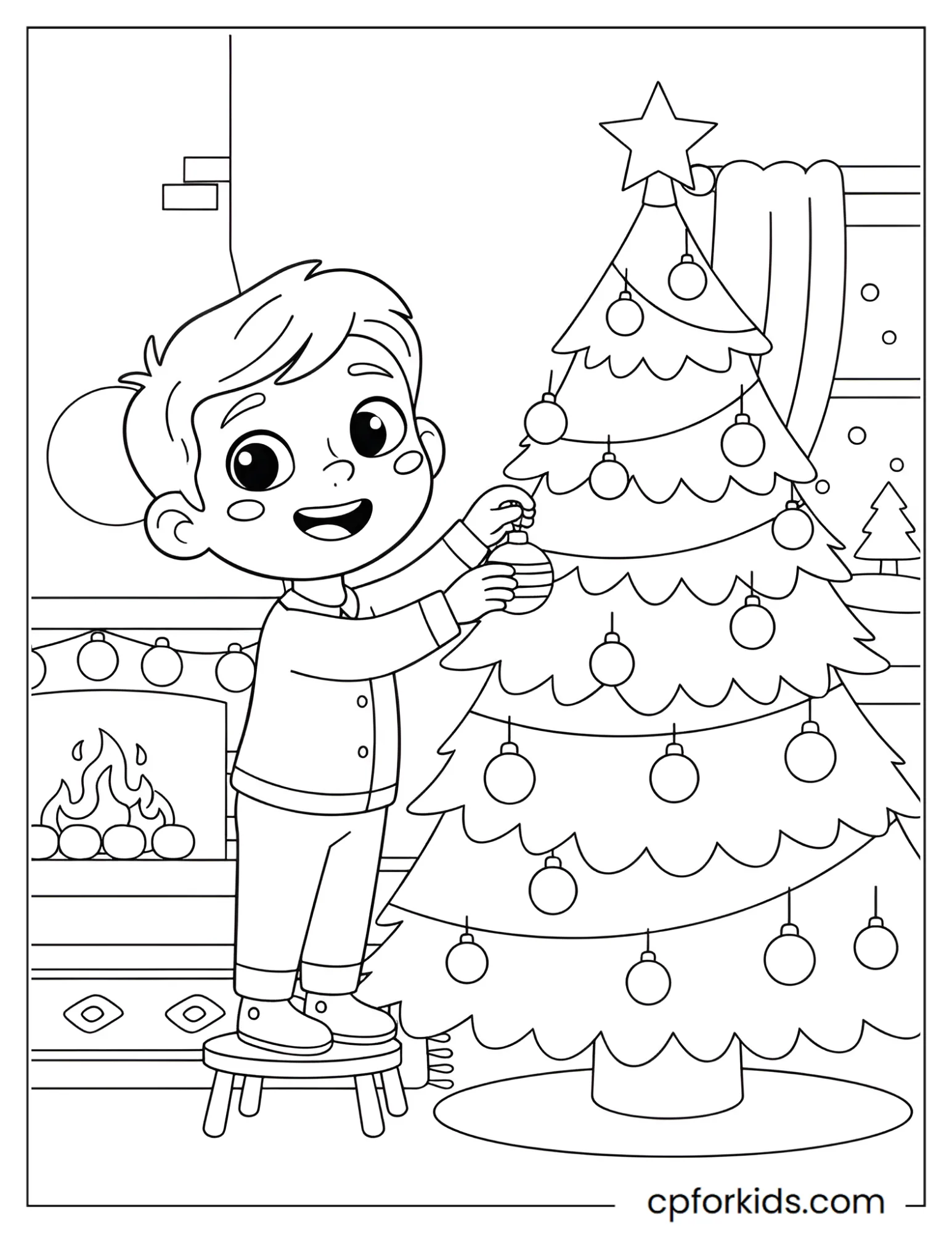 Child decorates a Christmas tree at home