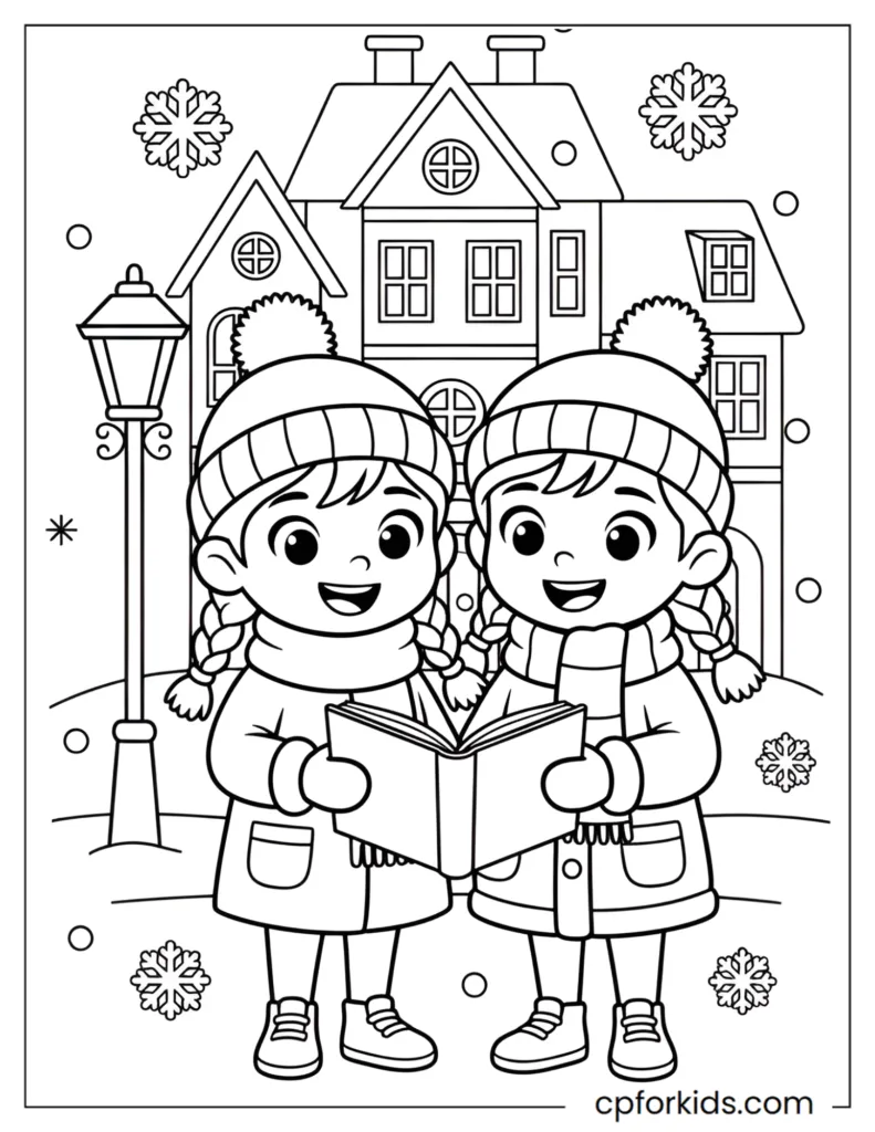 Kids singing Christmas carols on a winter village street coloring page