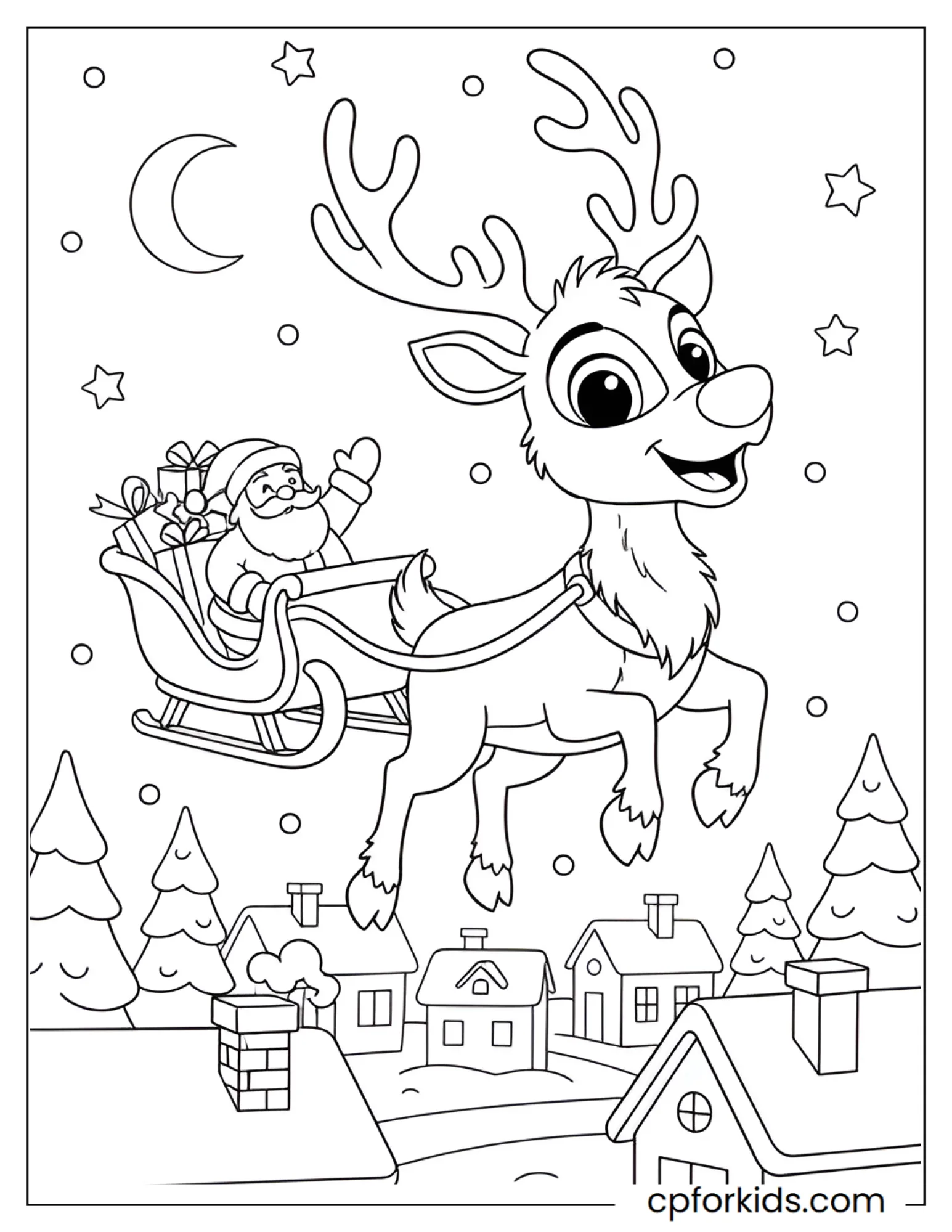 Reindeer pull a sleigh over snowy rooftops