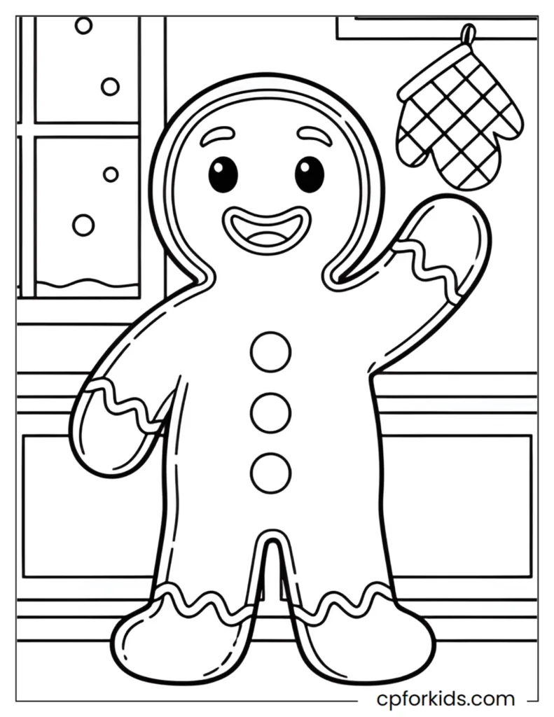Smiling gingerbread character standing in a festive holiday kitchen coloring page