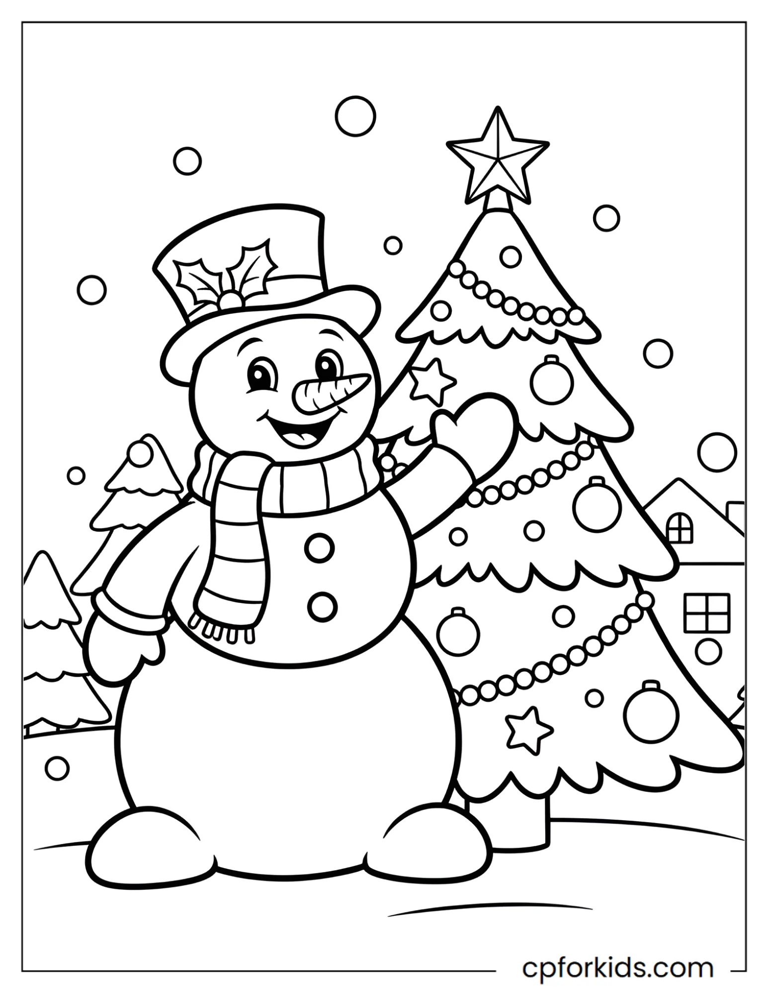 Snowman wears a scarf by a Christmas tree