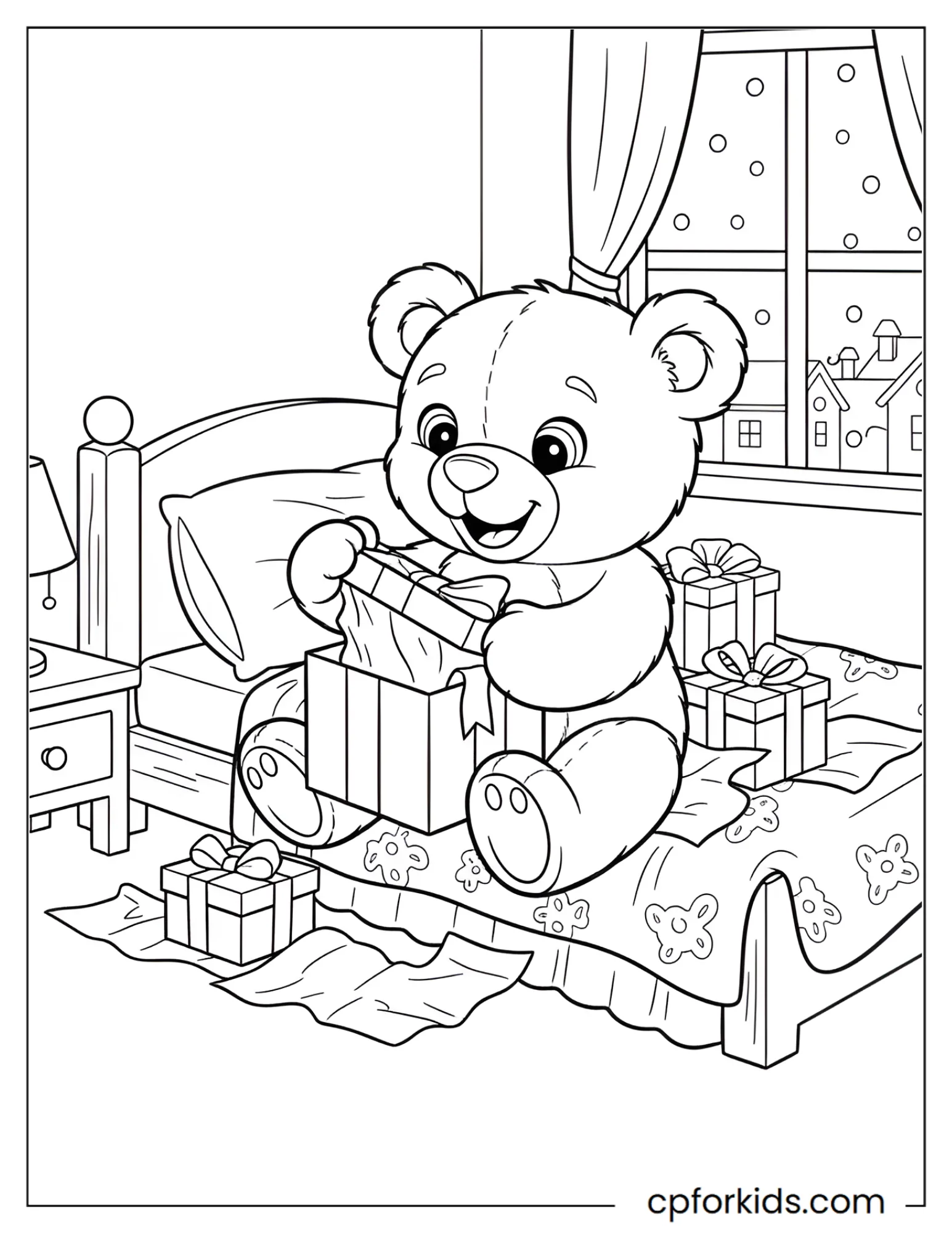 Teddy bear opens Christmas gifts in bed