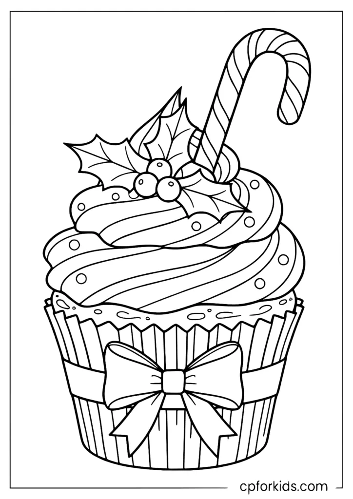 Christmas cupcake coloring page with candy cane and holly berries