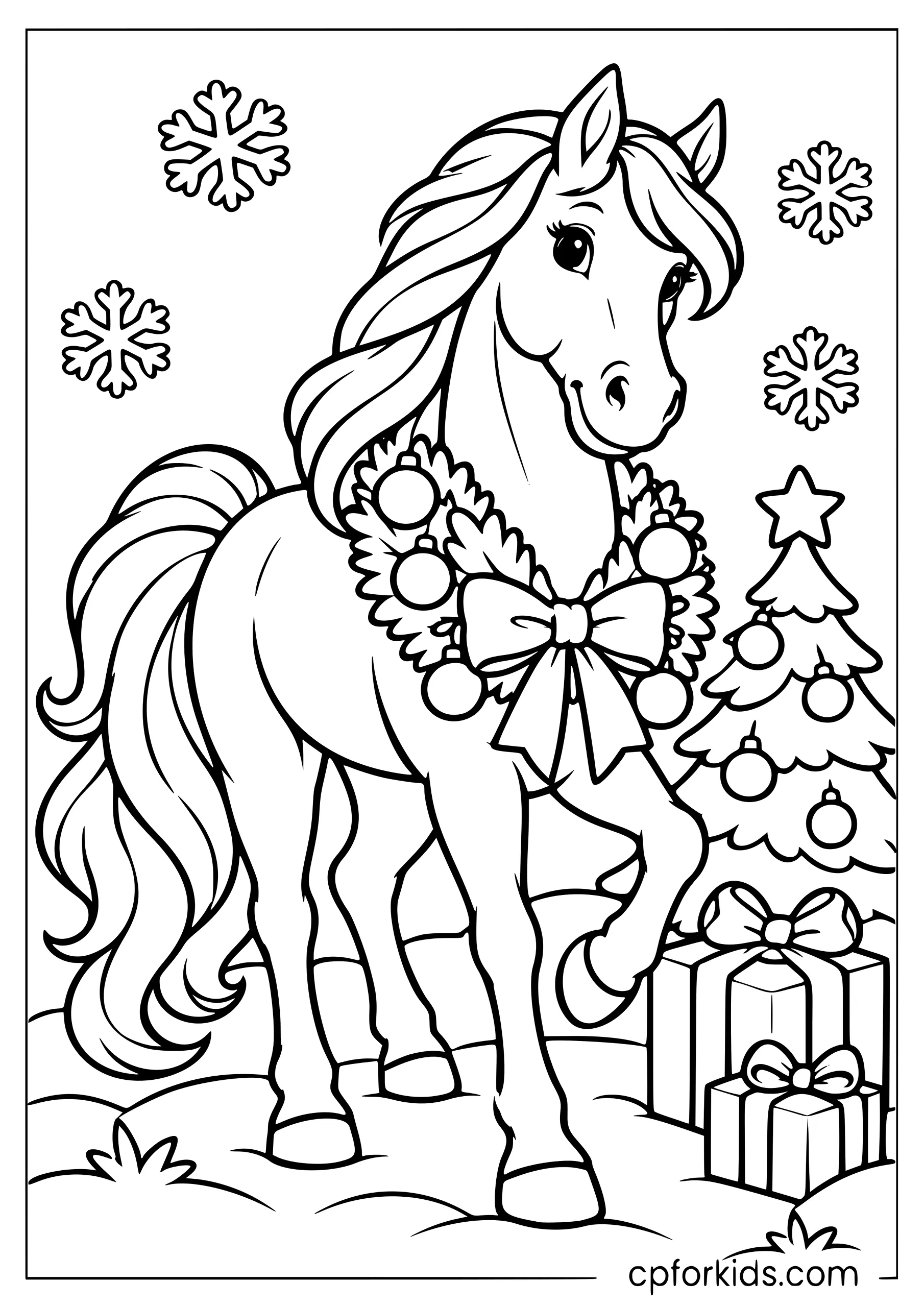 Horse wearing pine wreath beside Christmas gifts
