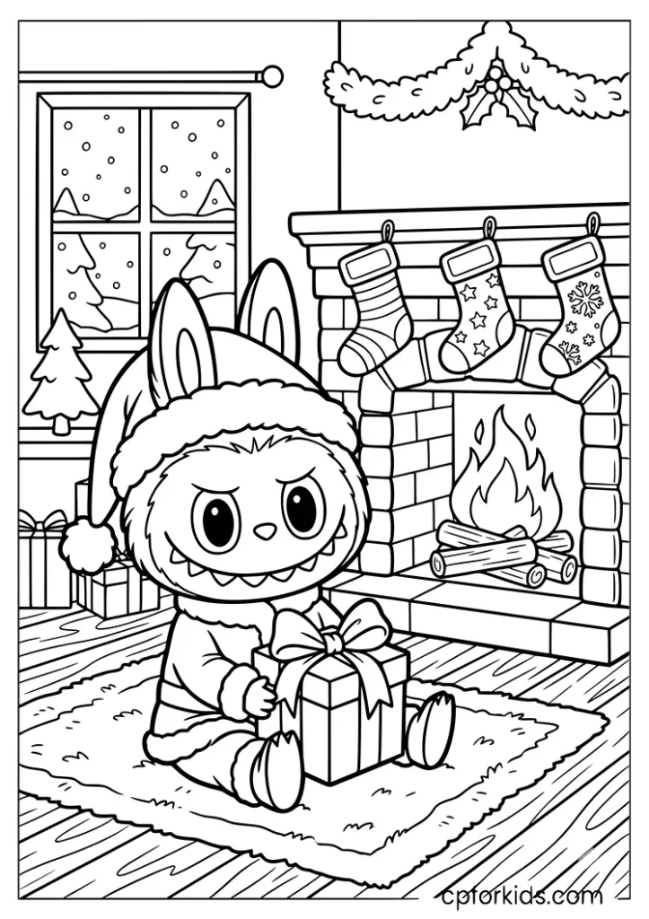 Christmas Labubu holding a present beside a fireplace in the snow coloring page