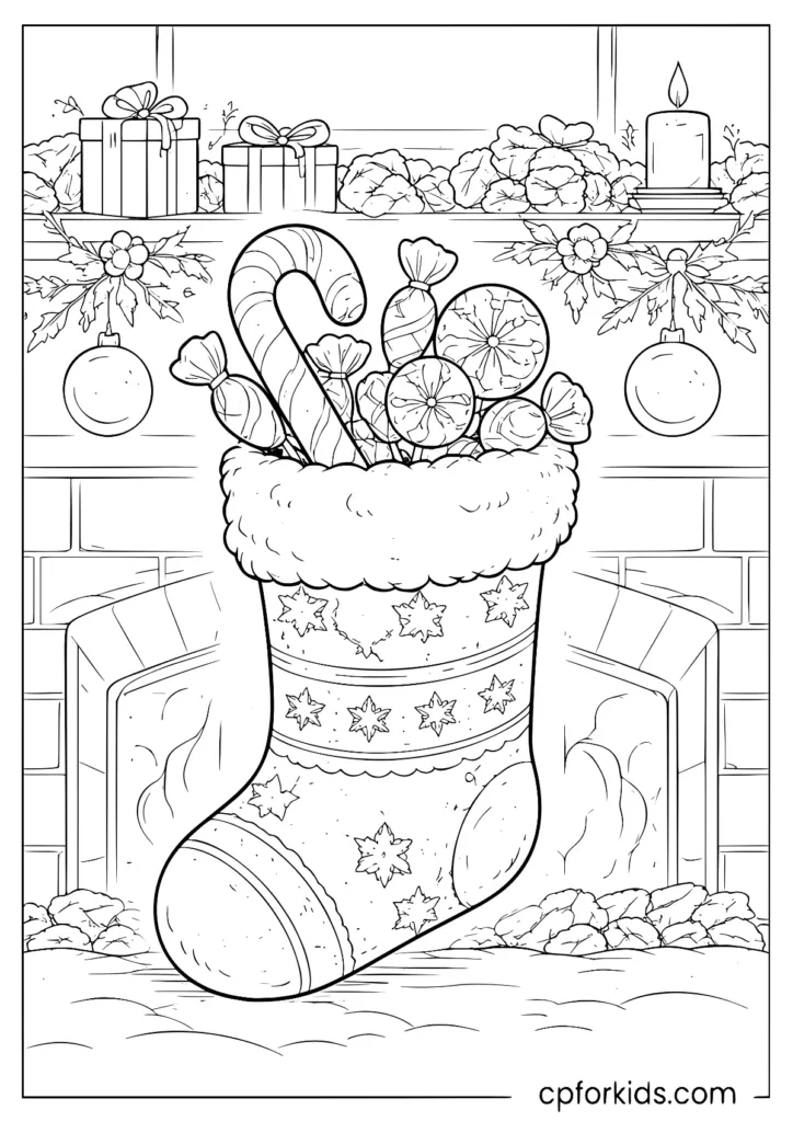 Christmas stocking stuffed with sweet treats and candy canes coloring page