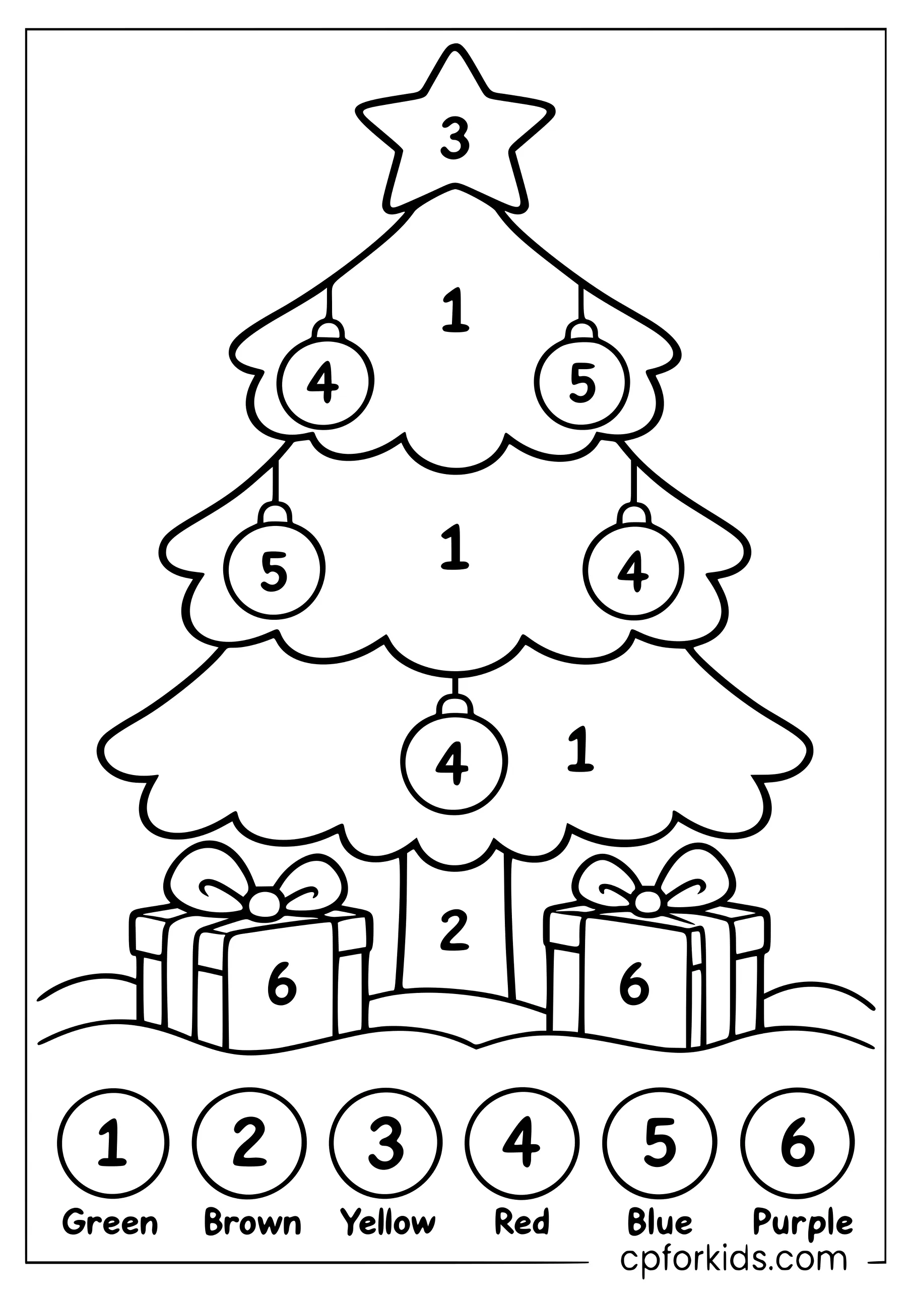 Christmas tree divided into twelve numbered coloring regions
