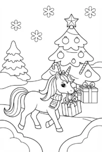 Christmas unicorn carrying a gift toward a decorated tree