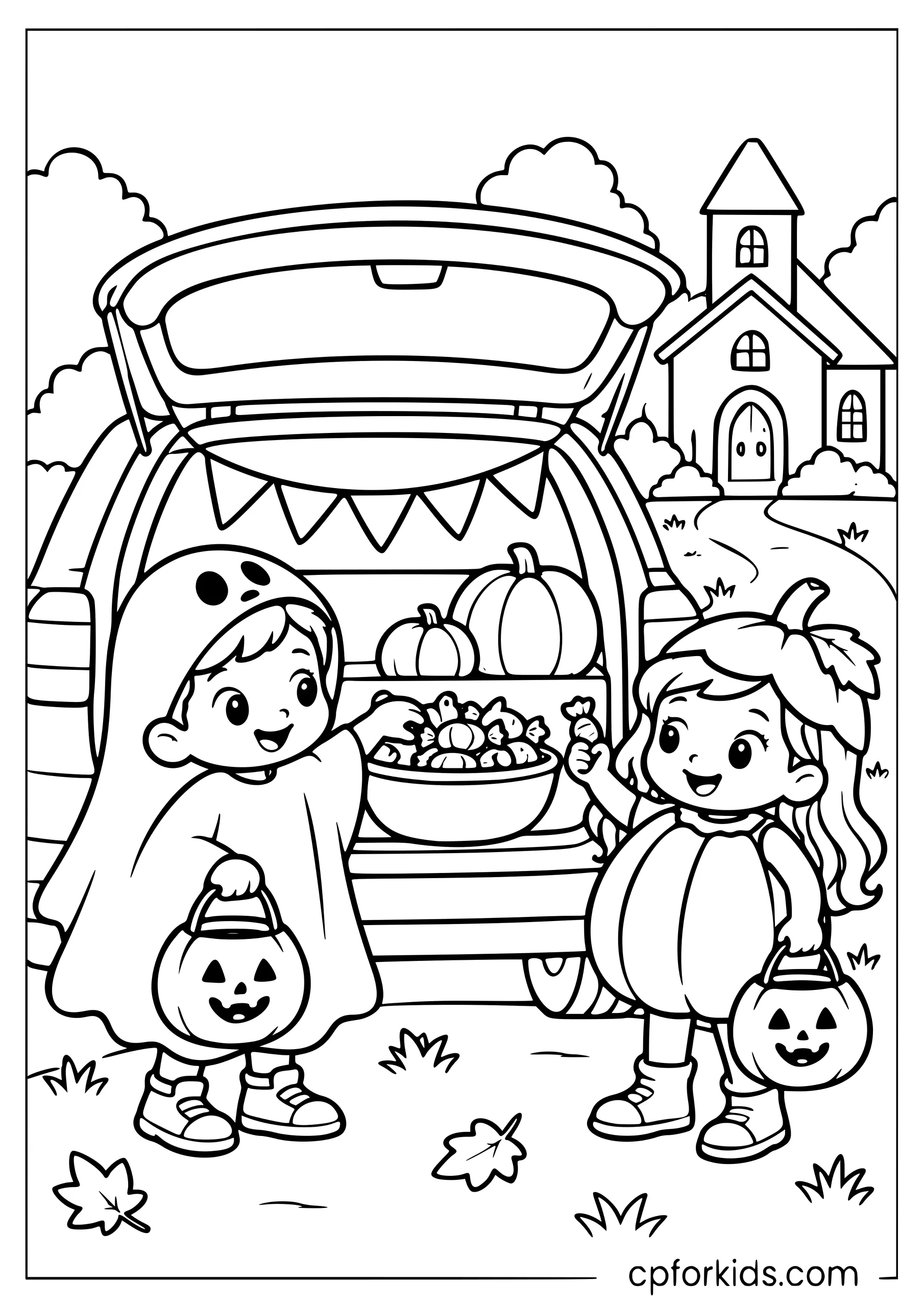 Children at a church trunk-or-treat with pumpkins