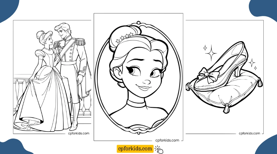 Free printable Cinderella coloring pages featuring Cinderella and Prince Charming, a Cinderella portrait, and the glass slipper