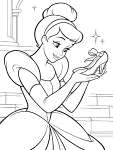 Cinderella holding her glass slipper near palace steps