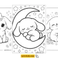 Three Cinnamoroll coloring pages featuring a puppy with a bow, on a moon, and hugging a strawberry
