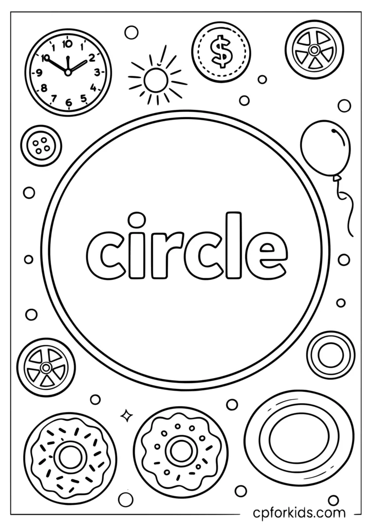 Circle shape coloring page with large circle and mini circle objects all around for kids