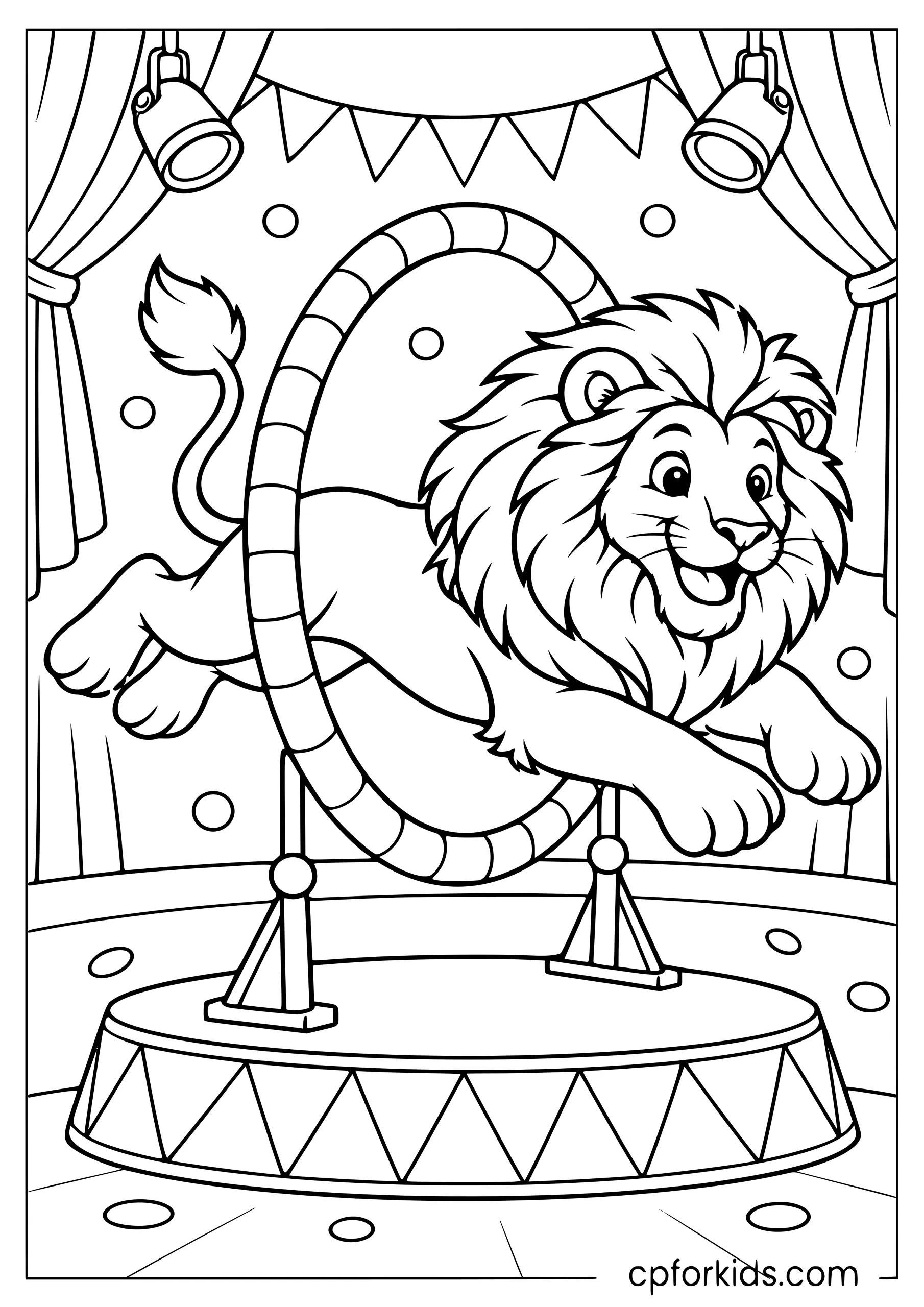 Lion leaping through a hoop inside a circus ring
