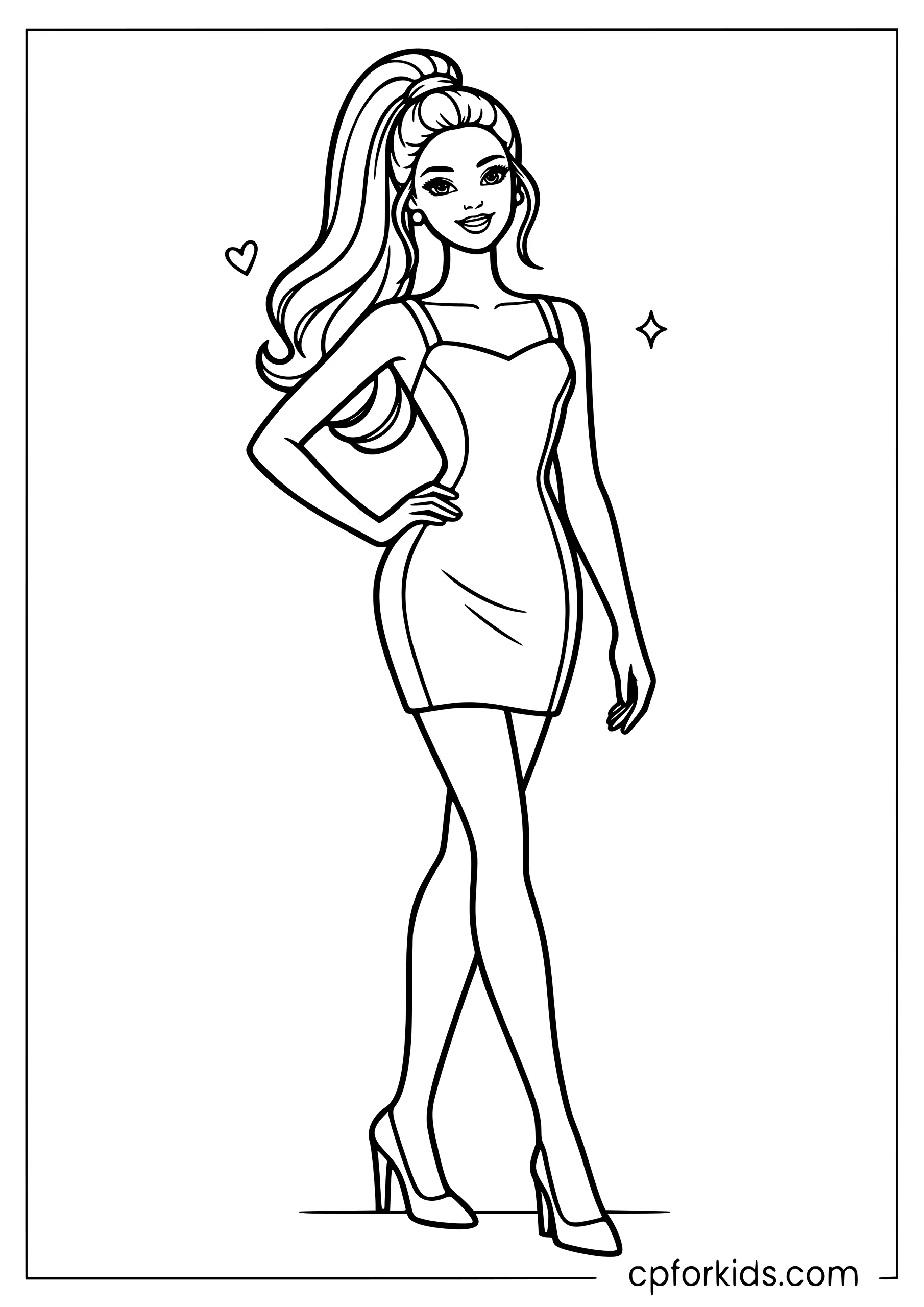 Barbie standing full length in a fitted dress with a high ponytail