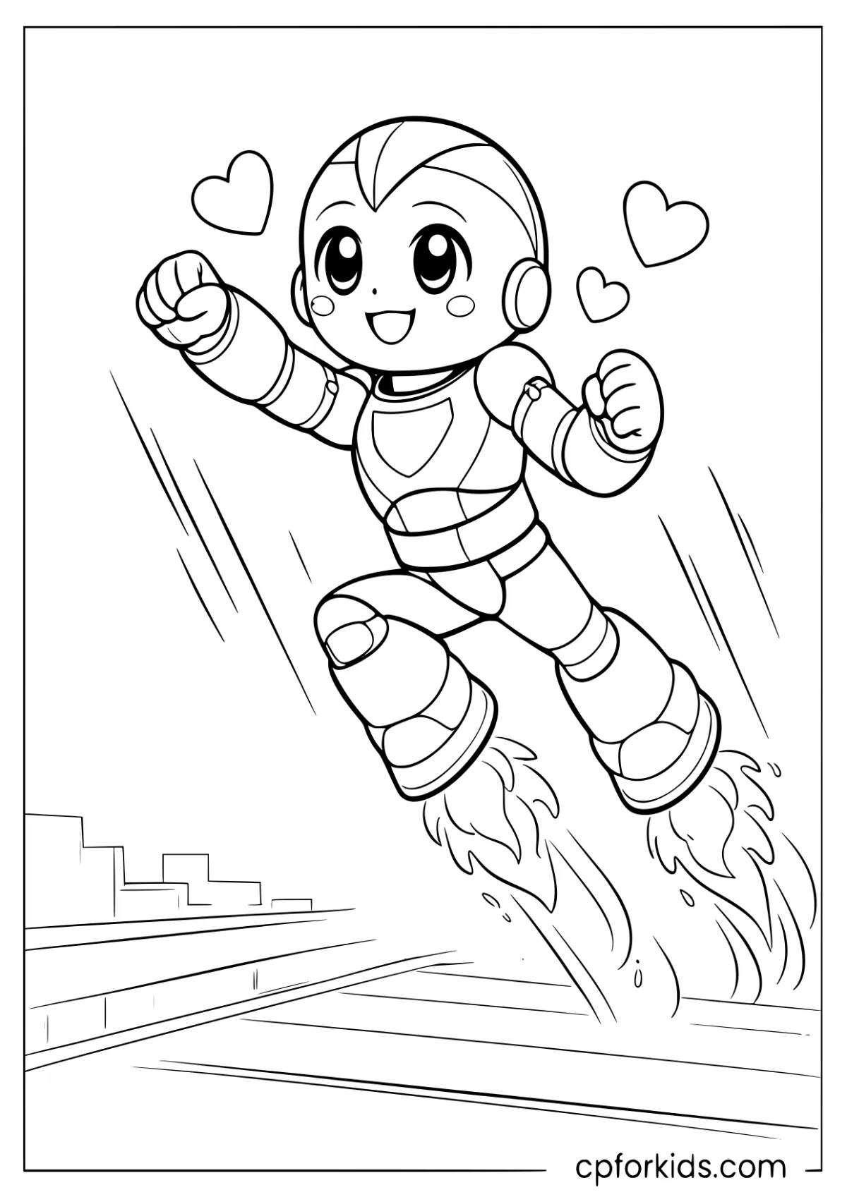 Armored robot boy flying with one arm extended