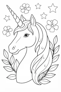 Classic unicorn head portrait with flowing mane and flowers