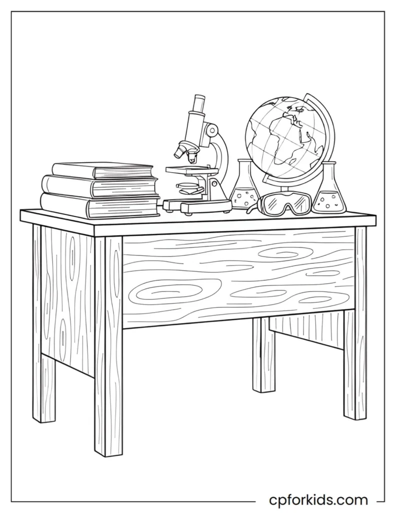 Classroom science worksheet coloring page showing basic science tools and learning materials.