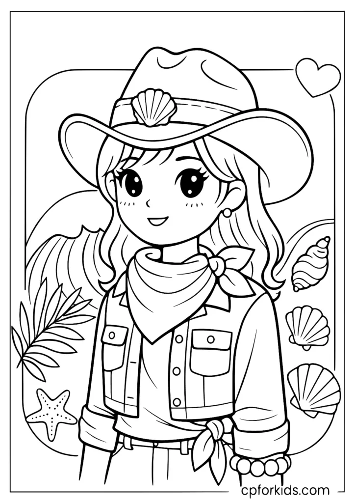 Coastal cowgirl coloring page with a cowgirl hat bandana scarf and seaside shells
