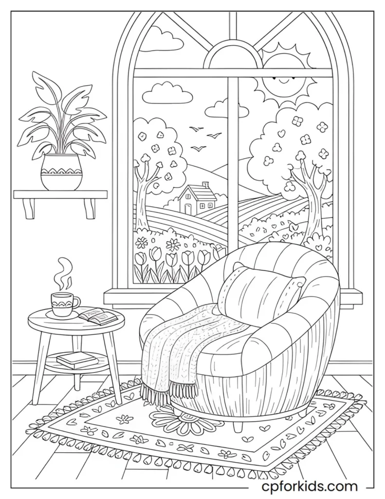 Aesthetic Coco Wyo style cozy spring room with a window view and plants, simple thick lines coloring page.