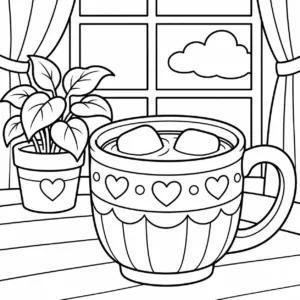 Cocoa mug beside a window and potted plant
