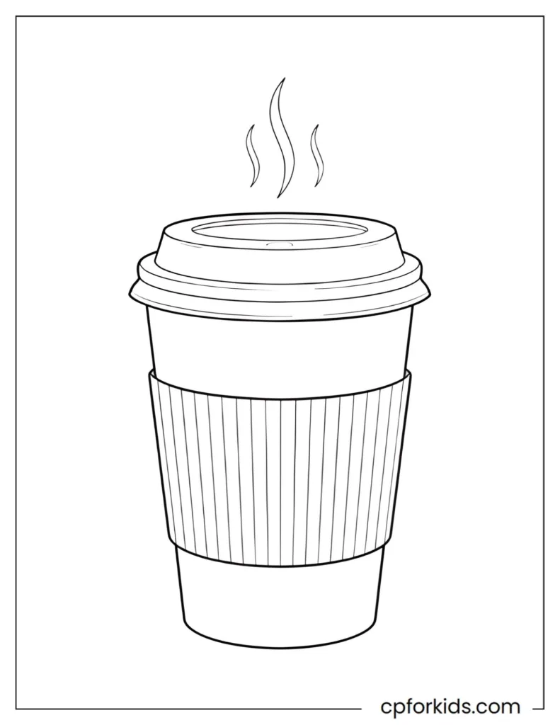 Coffee coloring page featuring a modern takeaway coffee cup with a sleeve and soft steam lines.