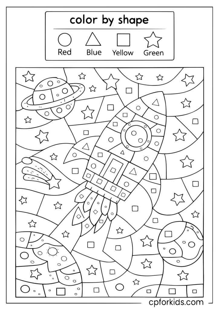Color by shape activity coloring page with rocket ship scene and shape color code key for kids