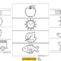 Colors coloring pages preview showing red objects worksheet, a four-object color learning page, and yellow objects worksheet for kids
