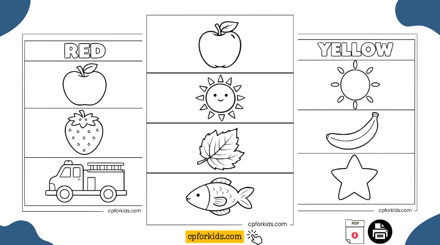 Colors coloring pages preview showing red objects worksheet, a four-object color learning page, and yellow objects worksheet for kids