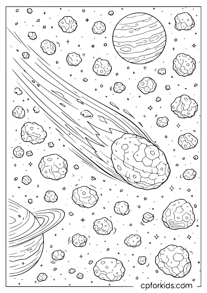 Comet and asteroid belt coloring page with a large comet streaking past rocky asteroids in deep space