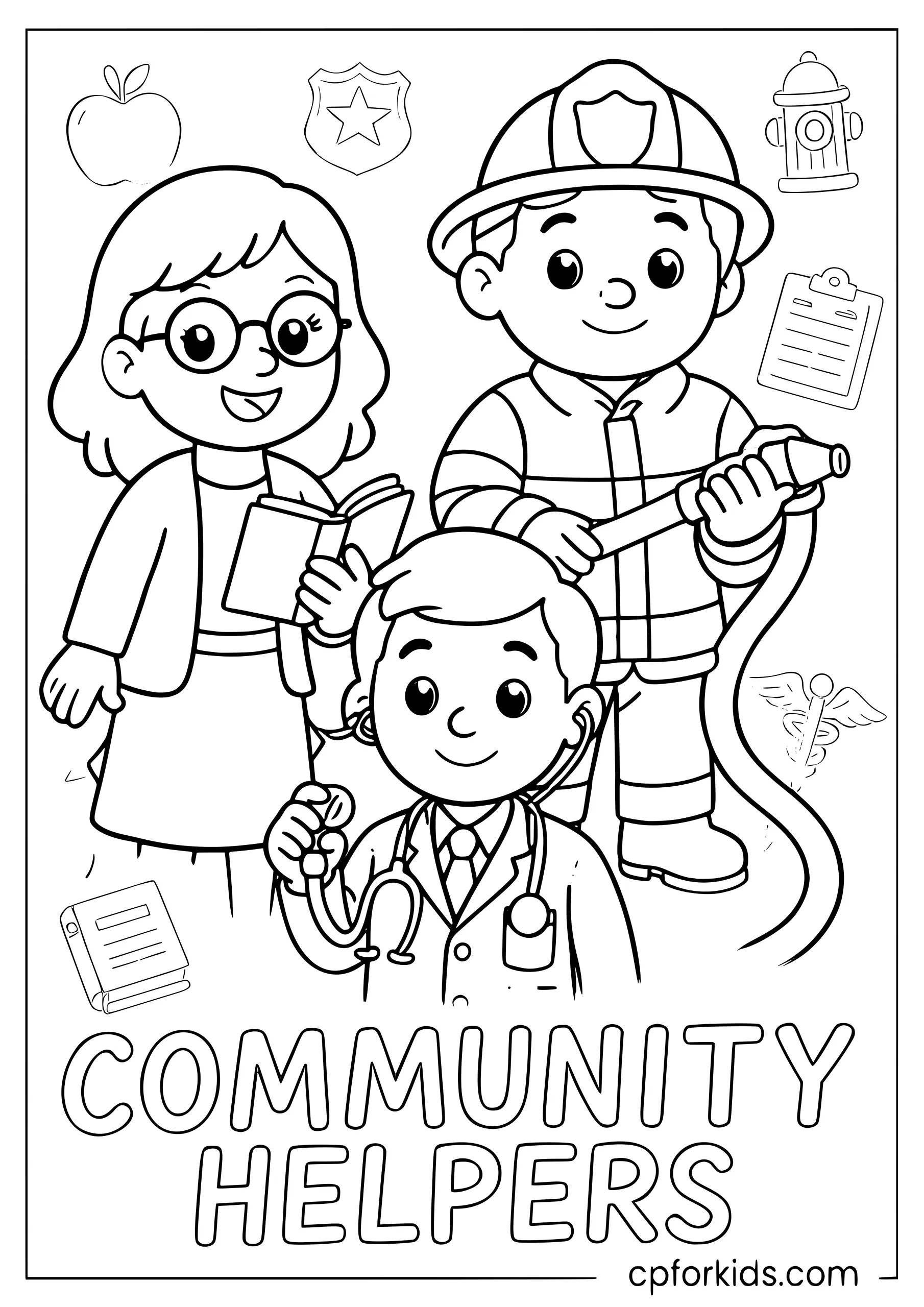 Community Helpers Group — Kids Coloring Page
