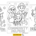 Community helpers coloring pages preview with police officer, firefighter, doctor, and teacher each filling a page with job title below
