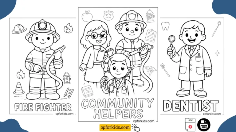 Community helpers coloring pages preview with police officer, firefighter, doctor, and teacher each filling a page with job title below